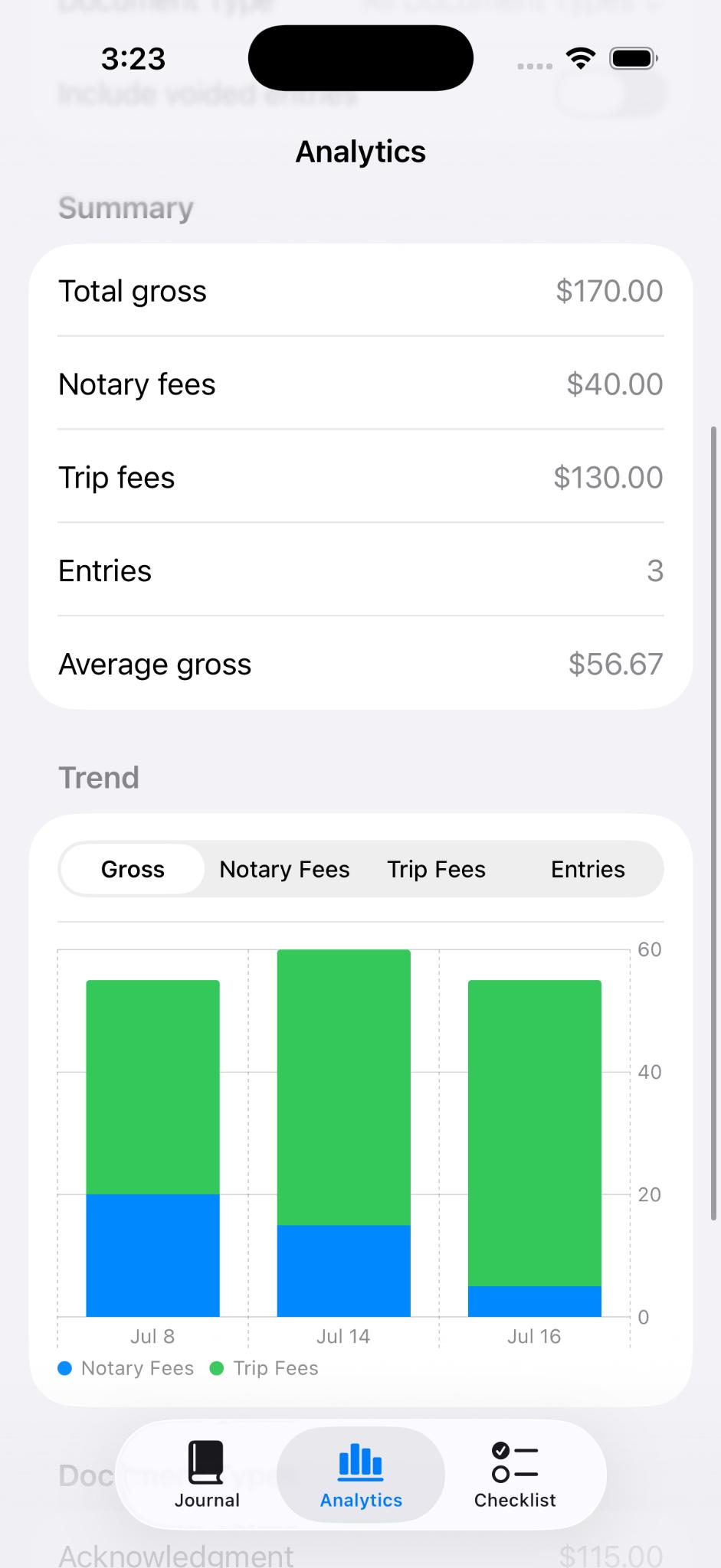 NotaryJotter analytics screen with fee summary and trend chart