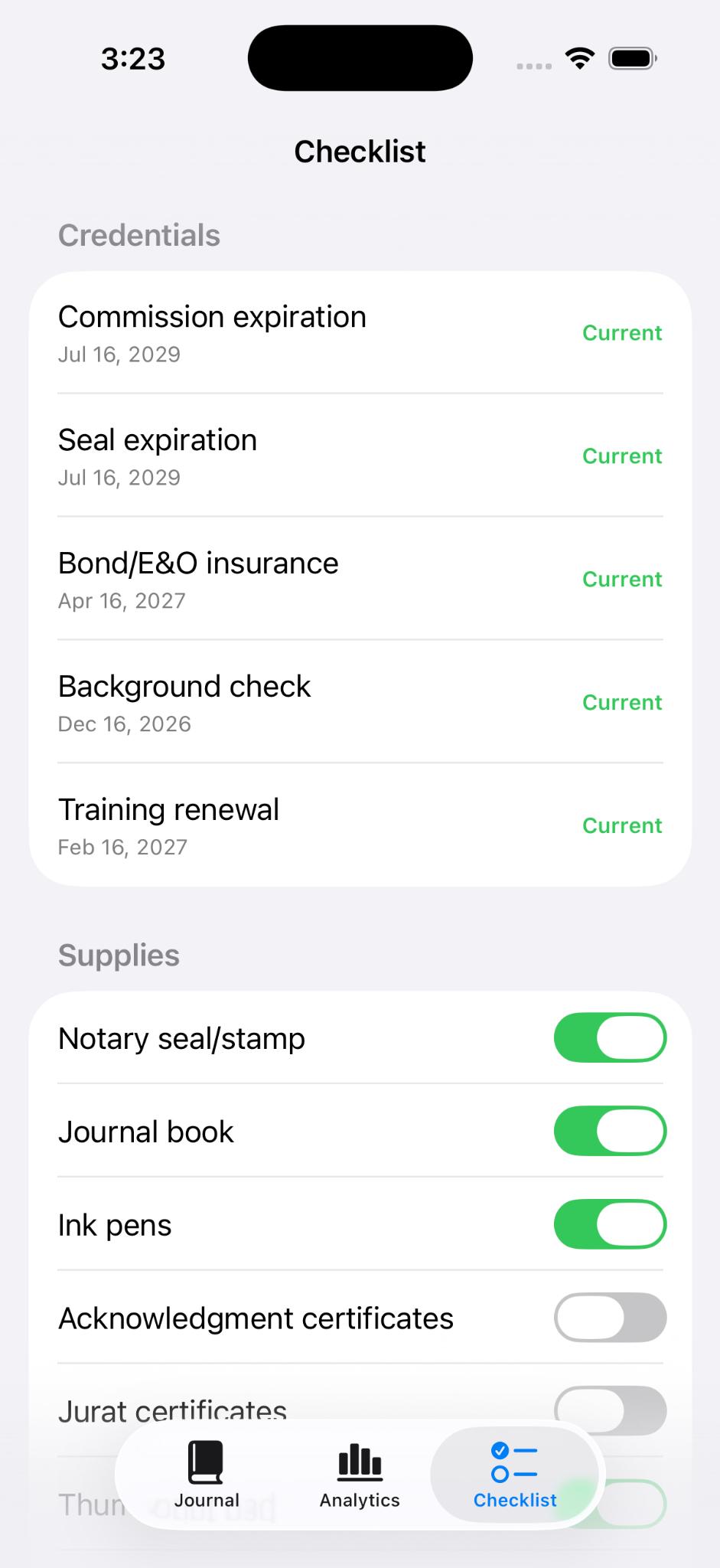 NotaryJotter checklist screen with credentials and supplies